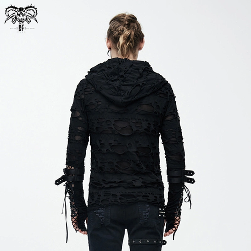 TT084 hot sale laced up cuff men ripped finger covered broken holes hooded punk top with loops