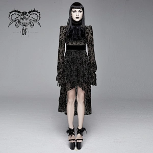 SKT09801 black queen cross flocking print semilucent sexy ladies flared long sleeves gothic dress