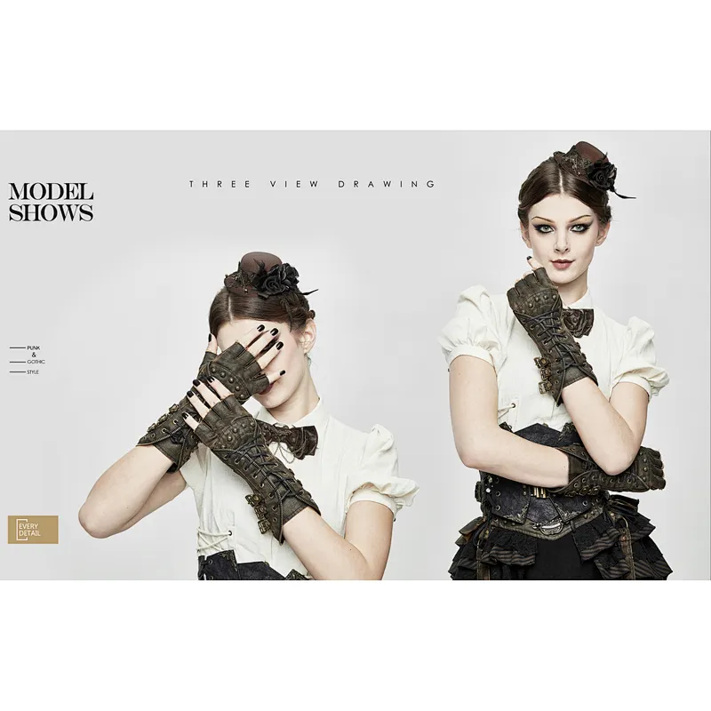 GE011 Devil fashion Steampunk unisex brown medium length fitted nailed lace up leather gloves