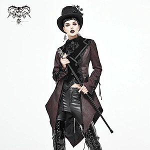 CT17102 Devil fashion Autumn vertical striped lace appliqued wine Gothic party women swallow-tailed coat