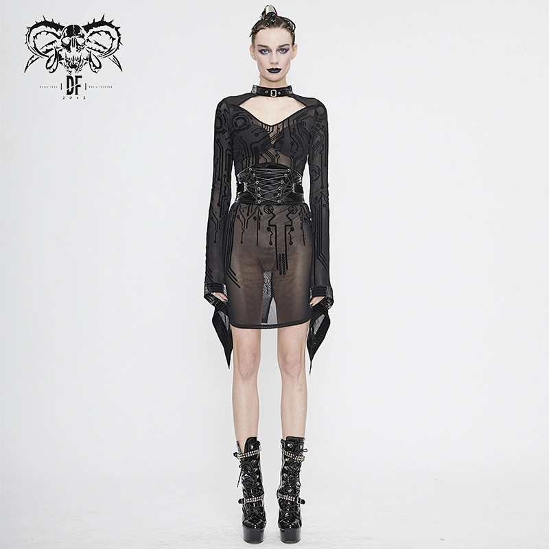 SKT104 cyber punk Circuit diagram printed V neck flared sleeve sexy women see through mid-length dress