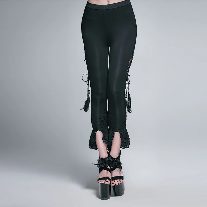 PT025 Devil fashion summer Gothic feathers sexy ladies skinny knitted lace ninth bell bottomed pants