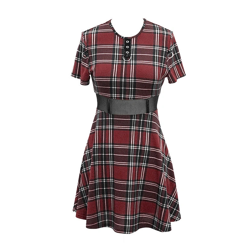 SKT109 everyday wear mesh waist Scottish red plaid mid-length sexy ladies stretchy dress with chains