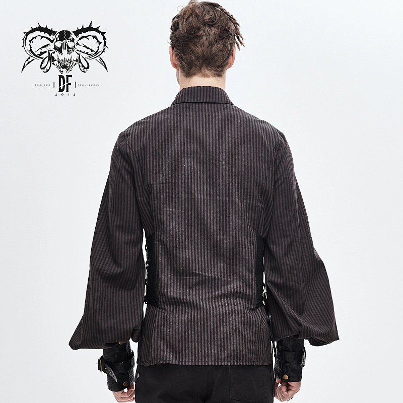 SHT046 Devil fashion everyday Steampunk black and coffee striped men shirts with fake belt