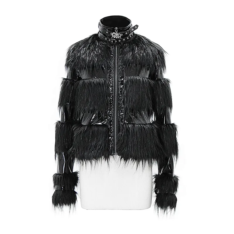 CT128 Devil fashion punk costume stand collar patchwork women black leather jackets with fur