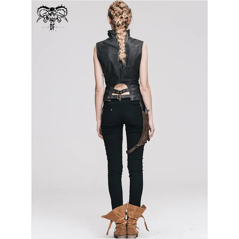 PT01802 Devil fashion black and brown contrast color women steampunk skinny pants with bag