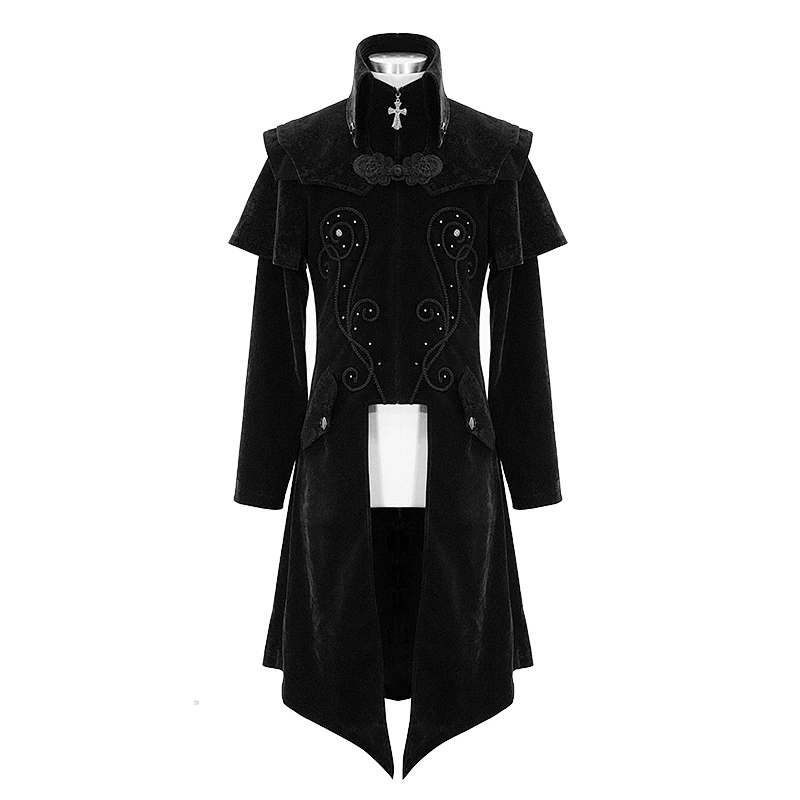 CT13401 black hand embroidery shawl collar men gothic velveteen long coat
