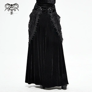SKT127 Gothic party sexy women black mid-waist drawstring long stretchy velvet skirts with lace