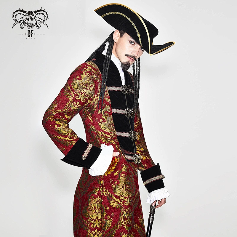 CT096 Cosplay Pirate style red and gold jacquard gothic pattern long men coat