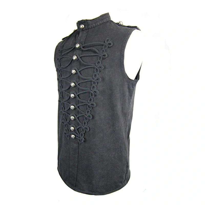 TT091 summer military uniform punk style chinese frog button sleeveless black cotton men T-shirts