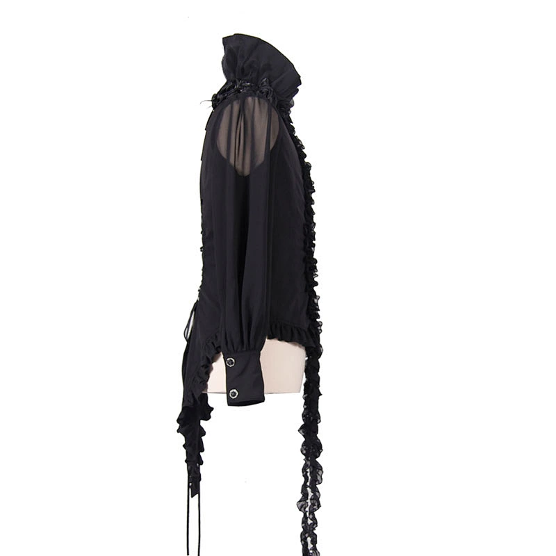SHT00301 Devil fashion romantic gothic party high collar tying black men chiffon shirts with flounce