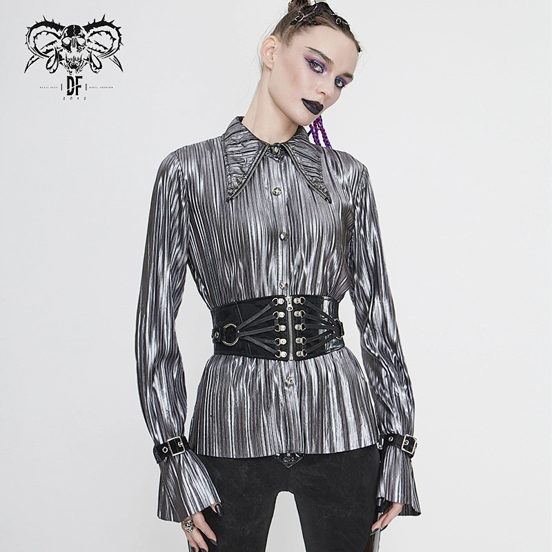 SHT05502 Cyberpunk pointed collar shine silvery pleated loose cool women blouse with loops