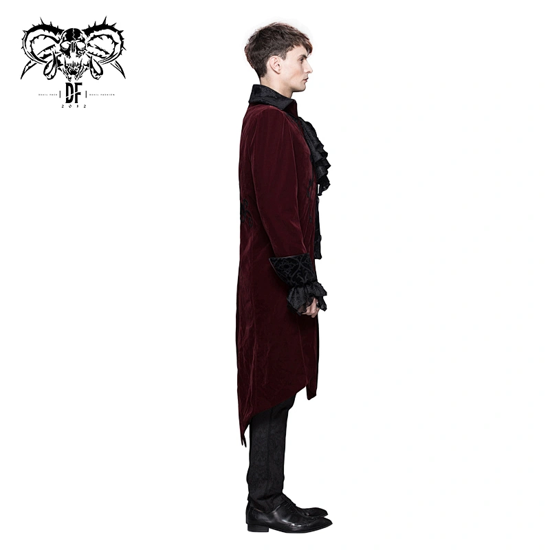 CT02802 Devil fashion black and red hand embroidery velveteen gothic patterned festival men long coat