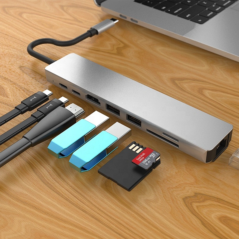 USB Type C Hub Adapter 8 in 1 Combo Hub with RJ45/ HDTV/USB 3.0 3 Port / PD/SD/TF Card Reader function