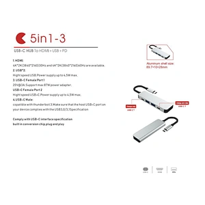 5 in 1 USB C Hub with HDTV 4K Adapter, 2 USB 3.0 Ports,  Compatible with Notebook Phone