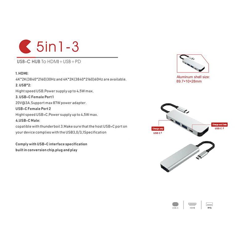 5 in 1 USB C Hub with HDTV 4K Adapter, 2 USB 3.0 Ports,  Compatible with Notebook Phone