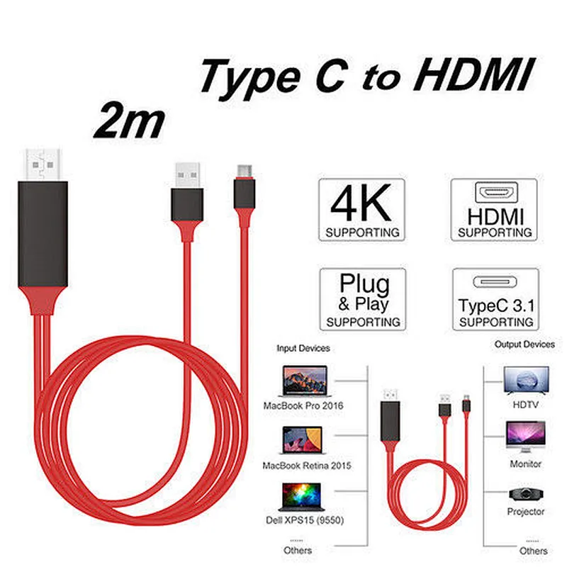 2017 HOT SALE 2M USB Type-C to HDTV HD-MI 4K UHD Video Cable for Macbook 2015/6/7 Samsung S8 Hp X2 Charging Adapter Cable