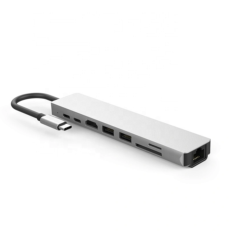 USB Type C Hub Adapter 8 in 1 Combo Hub with RJ45/ HDTV/USB 3.0 3 Port / PD/SD/TF Card Reader function
