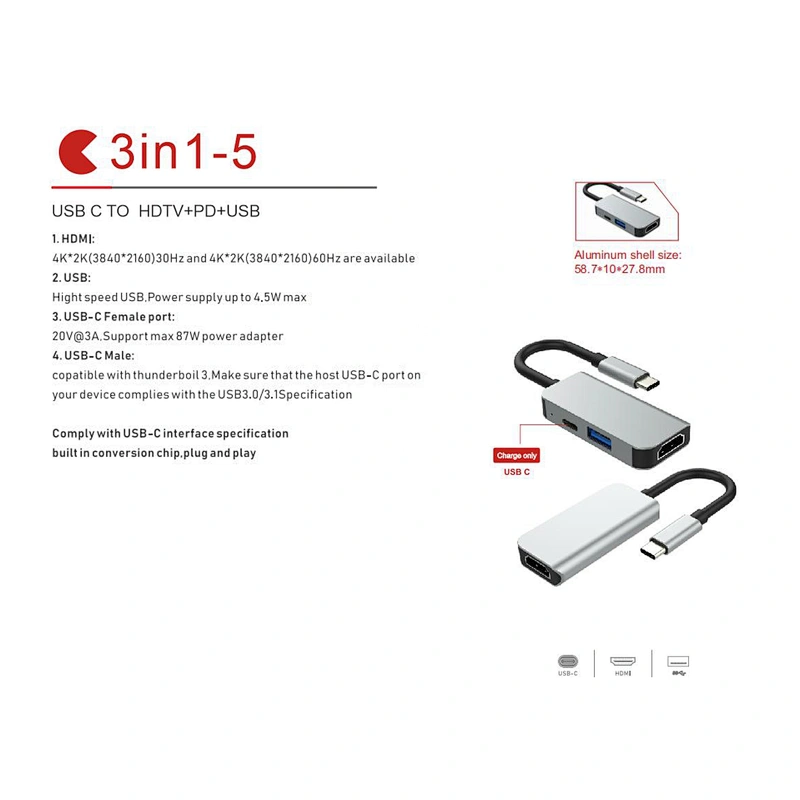3 in 1 Port Type c Hub to HDTV Adapter USB Charging Hub