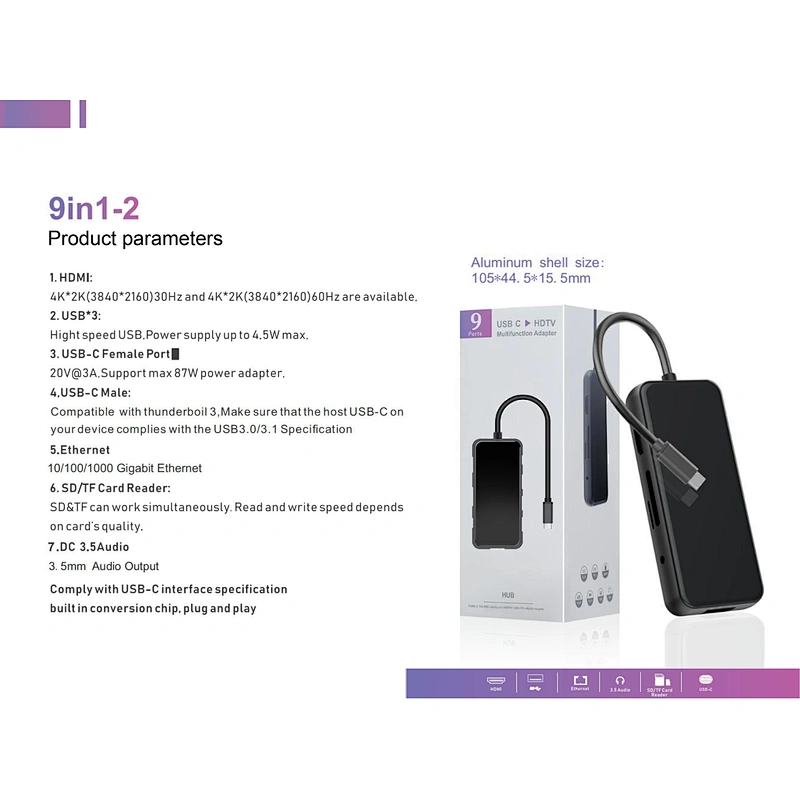 C type to PD + USB3.0 * 3 + HDTV +SD + TF + audio Gigabit Ethernet docking station 9 in 1 charging USB 3.0 hub