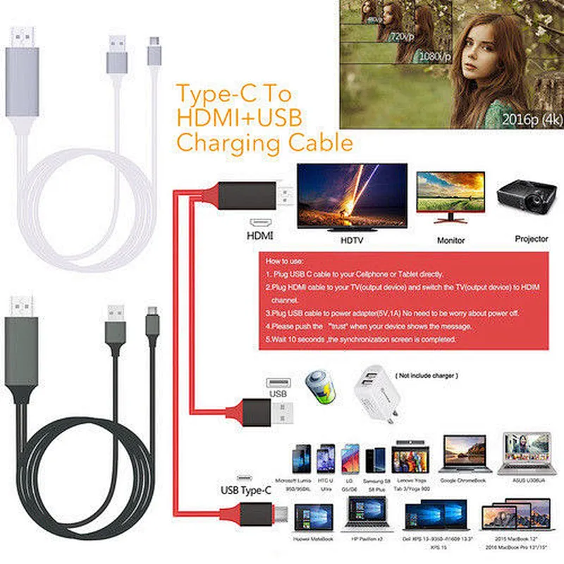 USB type c 3.1 to hdtv 4k 60hz usb charge cable to hdtv hd cable for mate 10