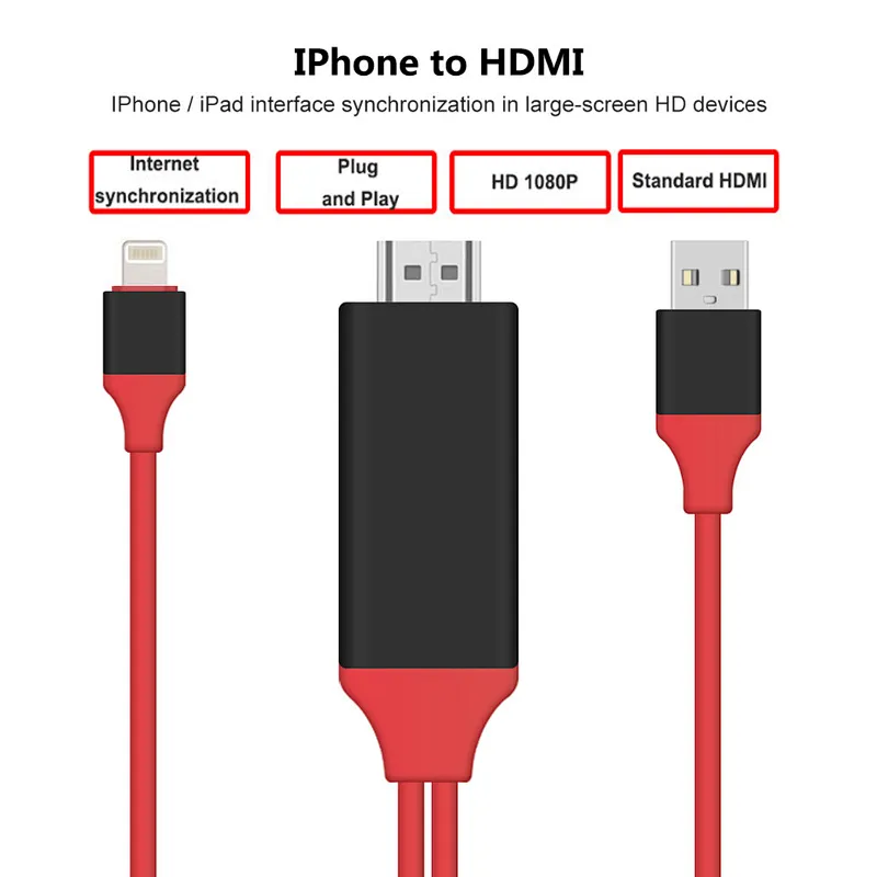 8pin cable 2M AV TV HDTV Adapter Cable For iPad/iPhone 5S 6 6P 6S 8 8PLUS With USB Charger Cable