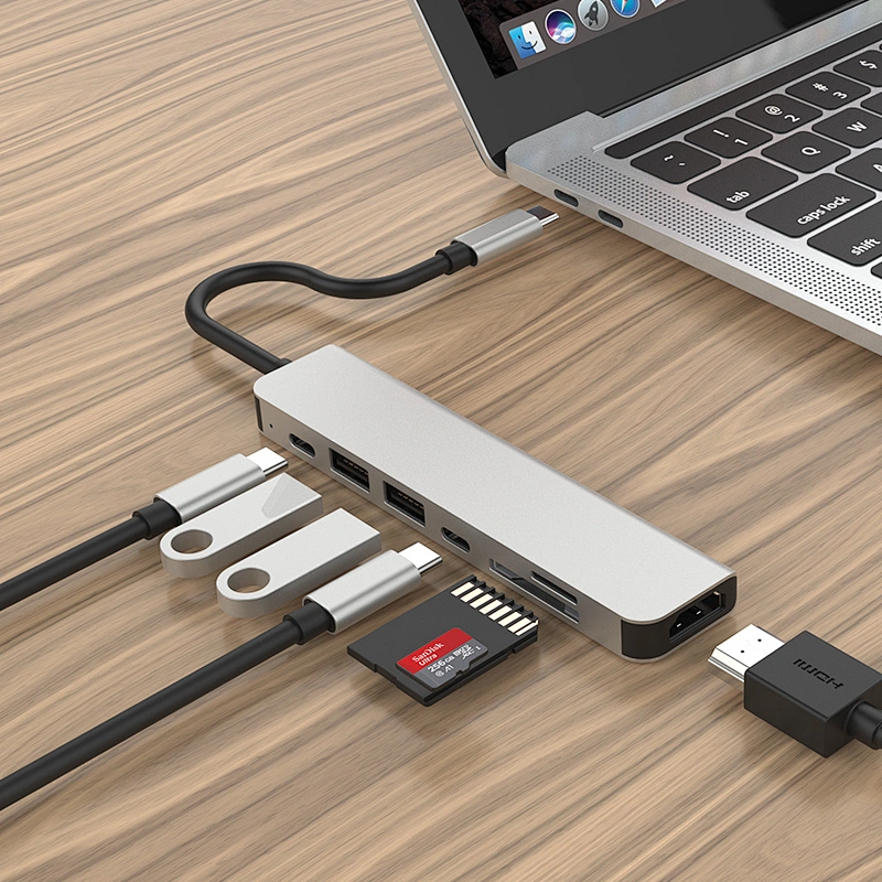 USB C Hub, 7 in 1 Aluminum Type C Adapter USB-C HUB HDMI(60HZ)+USB3.0*2+PD Charging+ SD + TF