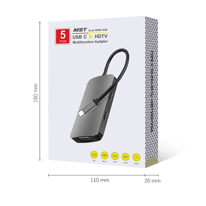 Multifunction MST Dual HDMI USB C HUB,5 in 1 type c hub +vga