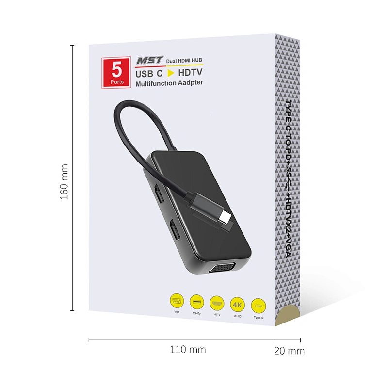 Multifunction type c hub 5 in 1 Dual HDMI USB c hub,2HDMI +VGA usb c hub