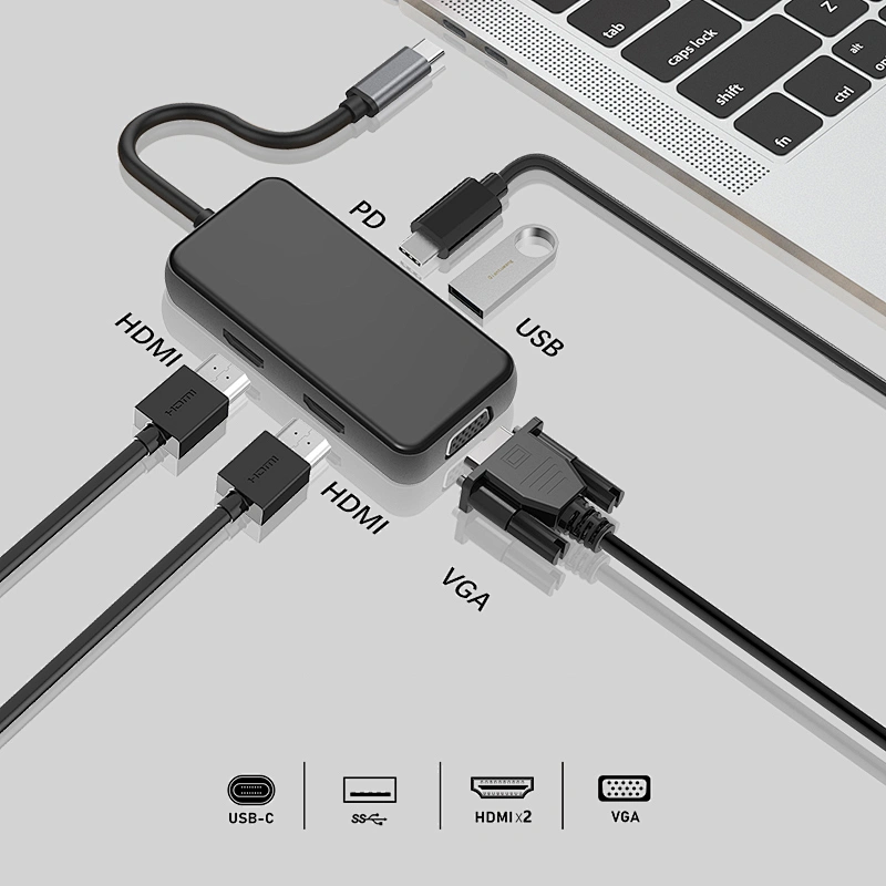Multifunction type c hub 5 in 1 Dual HDMI USB c hub,2HDMI +VGA usb c hub