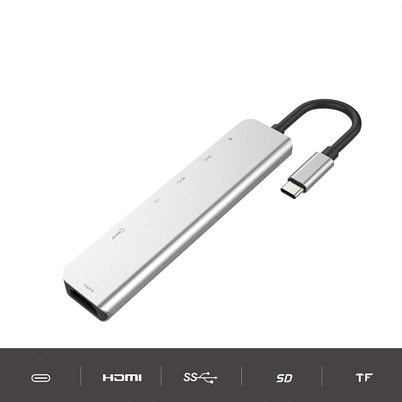 USB C Hub, 7 in 1 Aluminum Type C Adapter USB-C HUB HDMI(60HZ)+USB3.0*2+PD Charging+ SD + TF