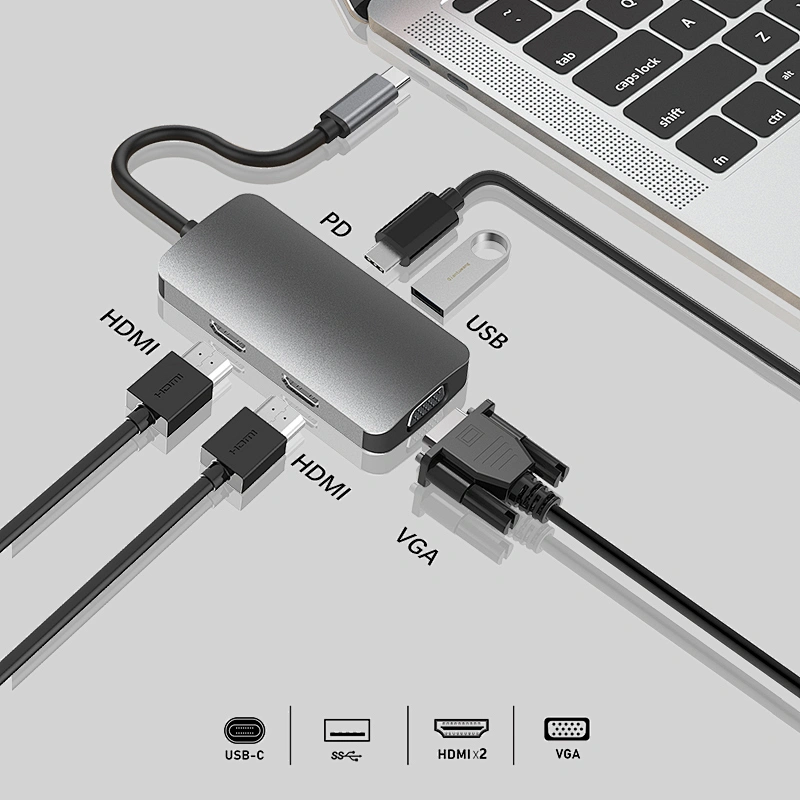 Multifunction MST Dual HDMI USB C HUB,5 in 1 type c hub +vga
