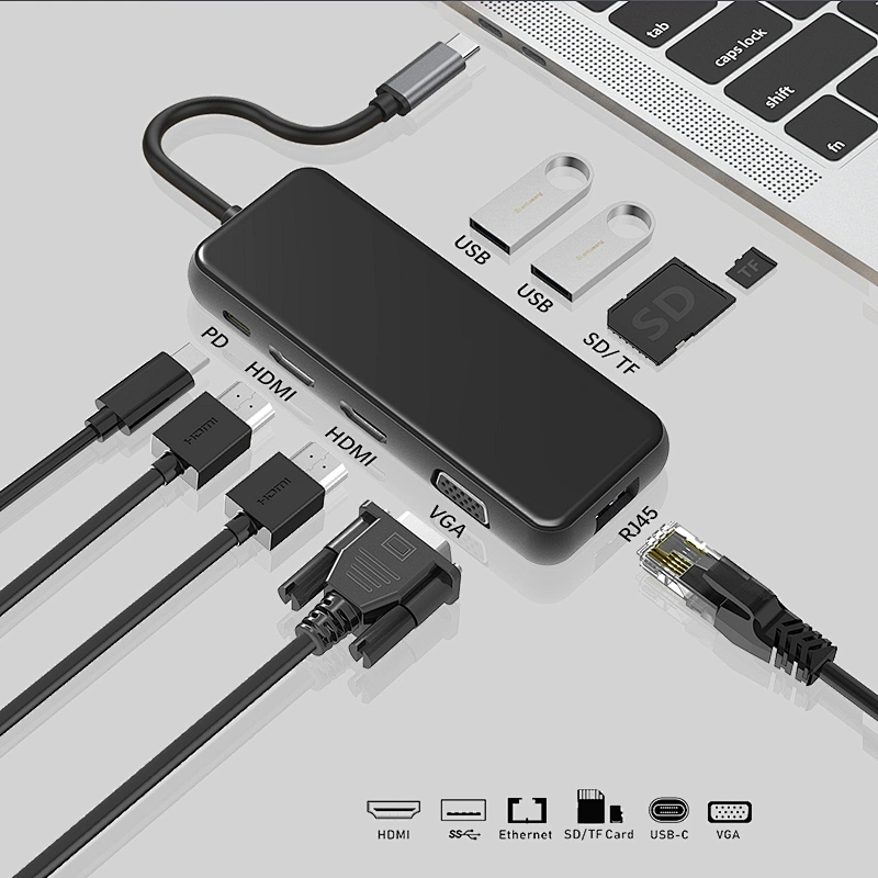 Multifunction usb c hub,9-in-1 USB C HUB 2HDMI,USB*2+Rj45,VGA/TF/SD