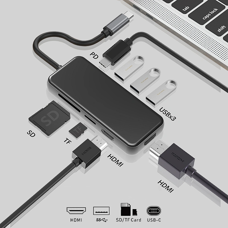 Multifunction USB C HUB,8-in-1 usb c to 2HDMI,with USB*3,SD/TF