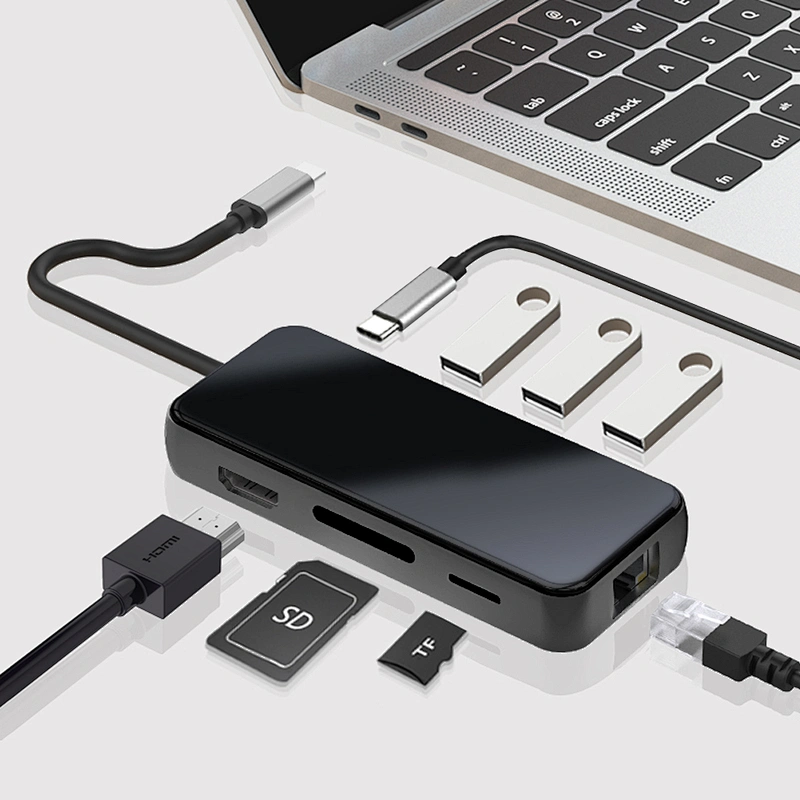 USB C HUB 8-in-1 Computer adapter USB C TO PD+USBX3+HDTV+Rj45+SD+TF