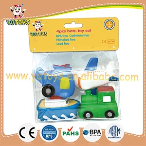 EN71 passed rubber bath toy vehicle rubber toy set, rubber car plane train boat toy