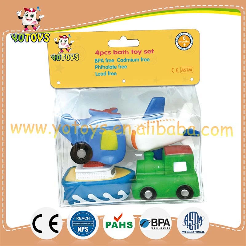 EN71 passed rubber bath toy vehicle rubber toy set, rubber car plane train boat toy