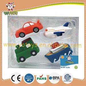 EN71 passed rubber bath toy vehicle rubber toy set, rubber car plane train boat toy