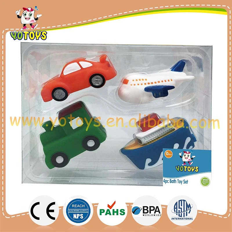 EN71 passed rubber bath toy vehicle rubber toy set, rubber car plane train boat toy