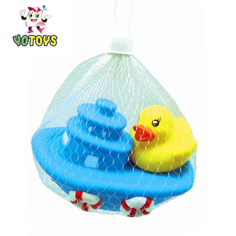 Floating Blue Pirate Ship and Little Yellow Duck Toys in Net Bag