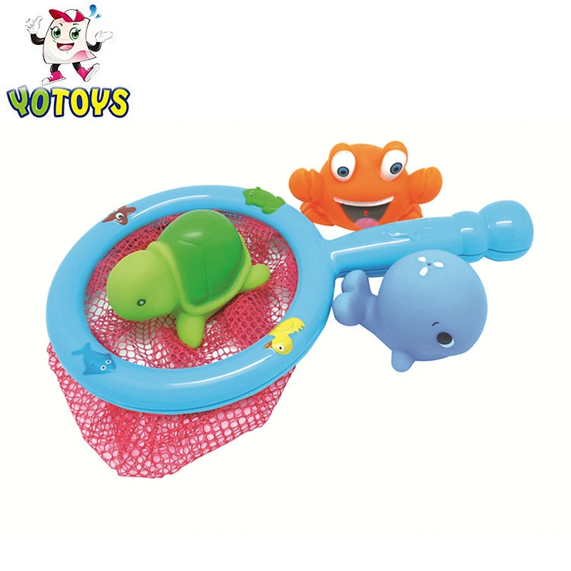 Hot sales plastic baby 4 pcs sea animals fishnet set latest toy for kids, baby bath tub toy