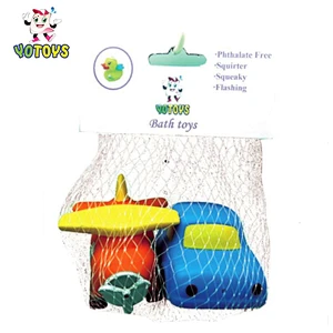 Floating Blue Pirate Ship and Little Yellow Duck Toys in Net Bag