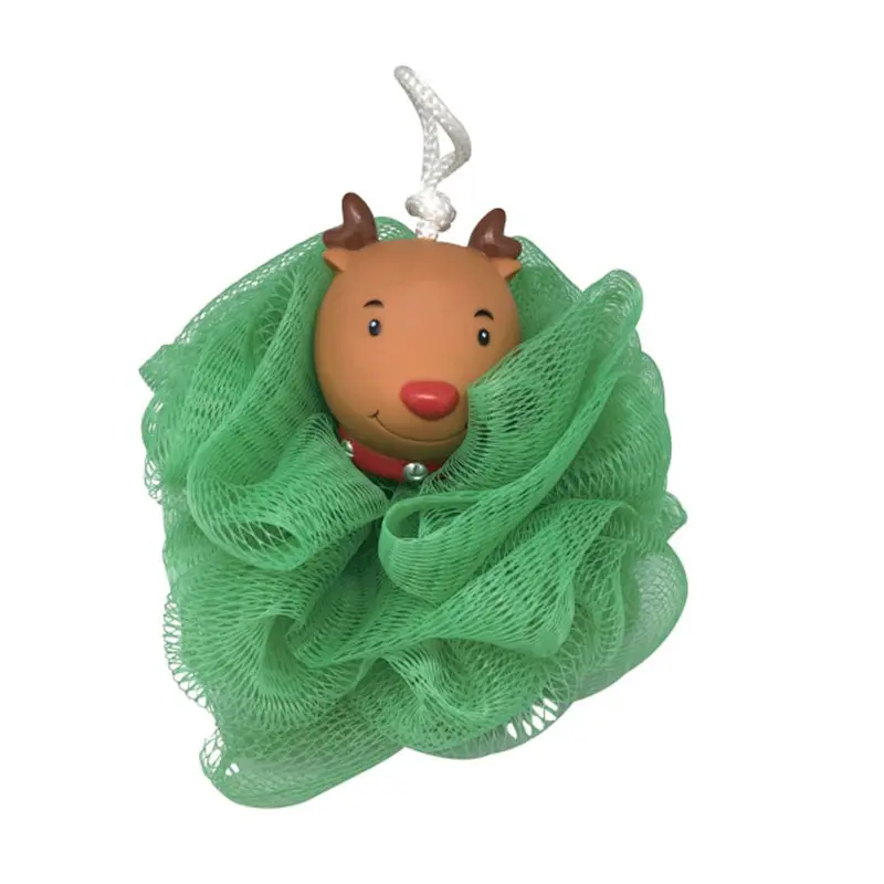 Plastic Christmas Shower Sponge Puff Christmas Bath Ball with Small Vinyl Toy for Kids Children