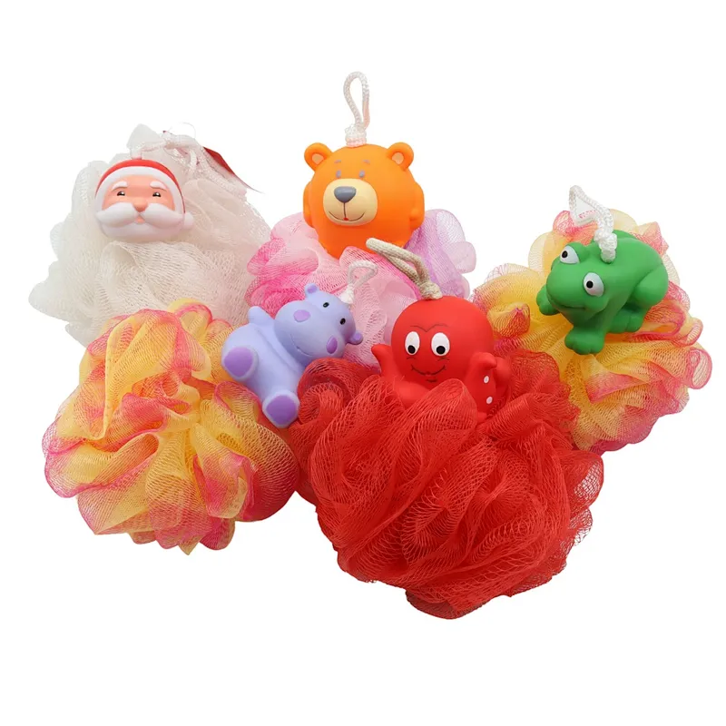 China Supplier Plastic Shower Sponge Puff Bath Ball with Small Vinyl Toy for Kids Children Toddlers