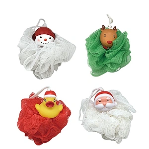 Plastic Christmas Shower Sponge Puff Christmas Bath Ball with Small Vinyl Toy for Kids Children