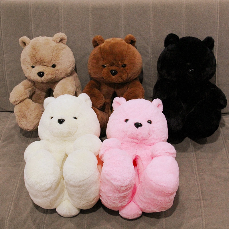 Wholesale Indoor Cute Plush Slippers Women Cheap Custom  Black Teddy Bear Slippers