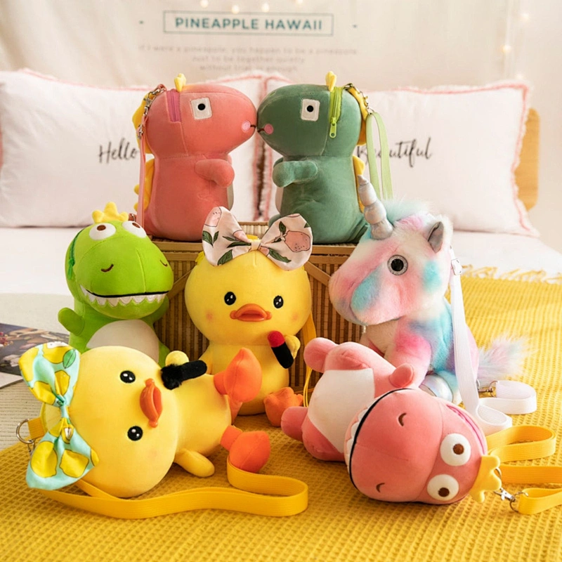 Popular Promotional plush pink dino with crown bag