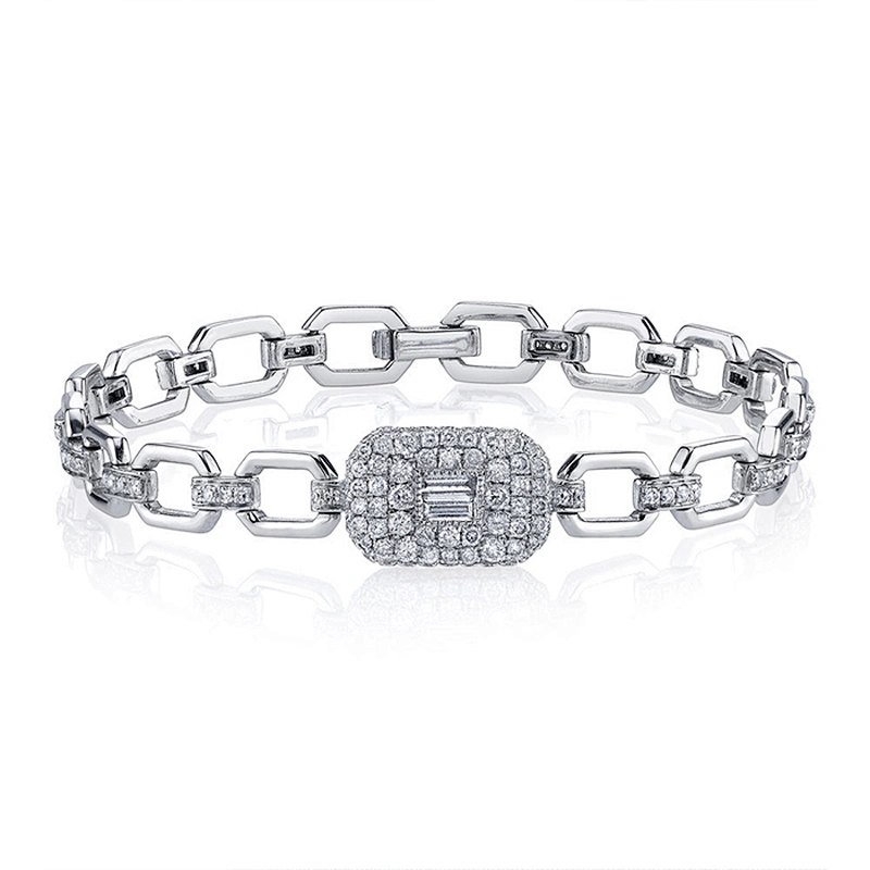 Miss Jewelry Trendy 925 Sterling Silver Pave Baguette Square Link Bracelet Wholesale