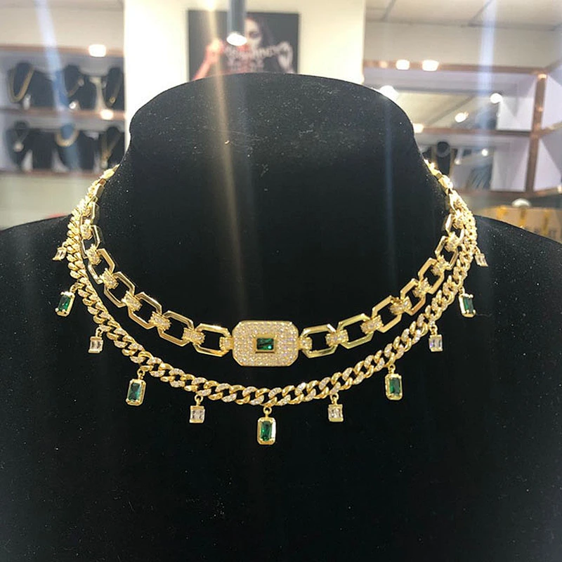 Women Hip Hop Jewelry Cubic Zirconia Choker Gold Necklace Baguette Drop Link Choker