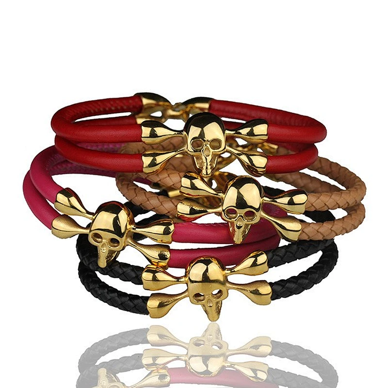 Miss Jewelry Dual Layer Mens Skull Leather Bracelets